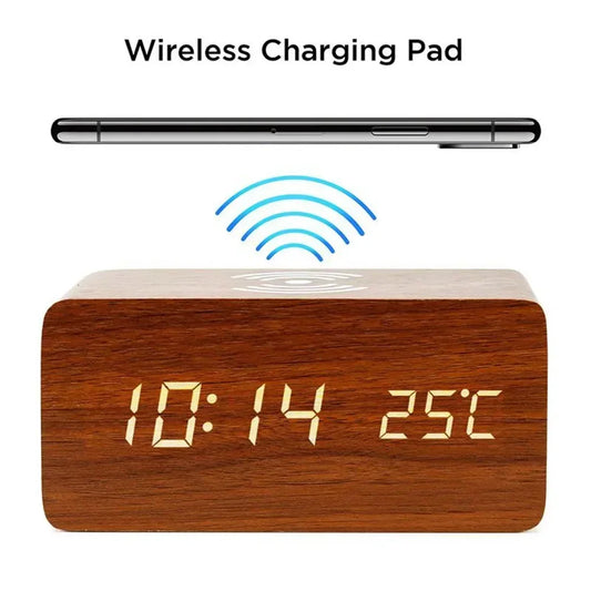 Wooden Digital Alarm Clock with Wireless Charging, LED Clock with Time, Date,Temperature, Desk Clocks for Office,Bedside Clock