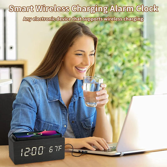 Wireless Charging Wooden Table Alarm Clock with Digital Display & LED + FREE Company Branding 🎁