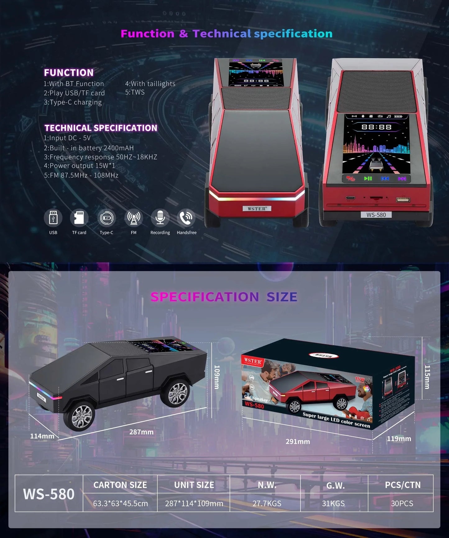 WS-580 Wireless Bluetooth Speaker in Car Shaped with Display Screen HIFI Stereo Surround Desktop Computer Boombox TF USB TWS