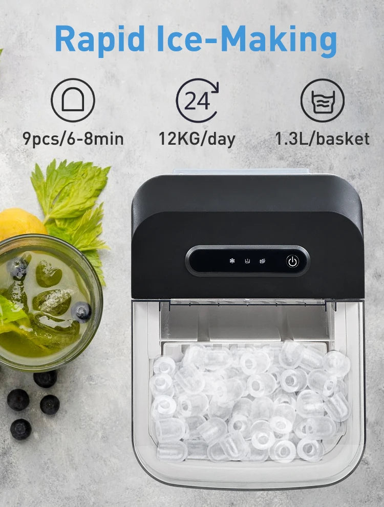 12Kg/24H Portable Ice Maker Self-Cleaning Countertop Ice Machine 2 Sizes Bullet Ice Cubes for Home Kitchen Office Bar Party