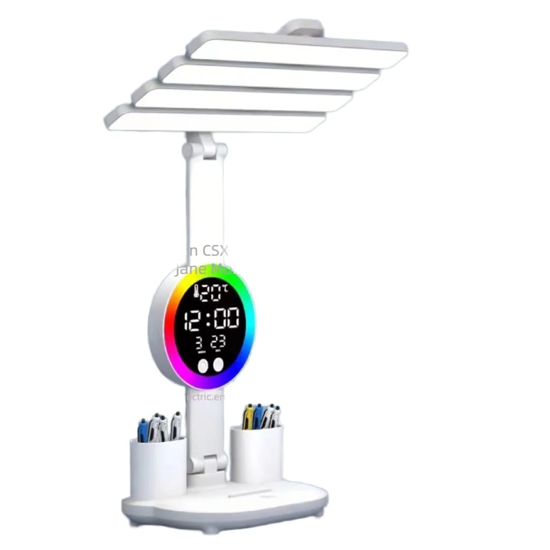 Multifunctional LED Desk Lamp with Personal Fan, Digital Clock & Dual Pen Holder – Rechargeable Study Light