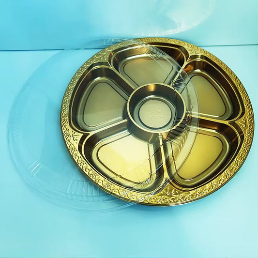 Luxury Golden Multi-Section Dry Fruit & Snack Serving Platter with Clear Lid – Round Divided Appetizer Tray