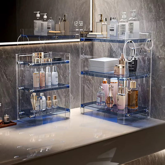 Luxury 3-Tier Acrylic Cosmetic Storage Rack with Side Jewelry Hooks – Open Desktop Skincare & Perfume Shelf Caddy
