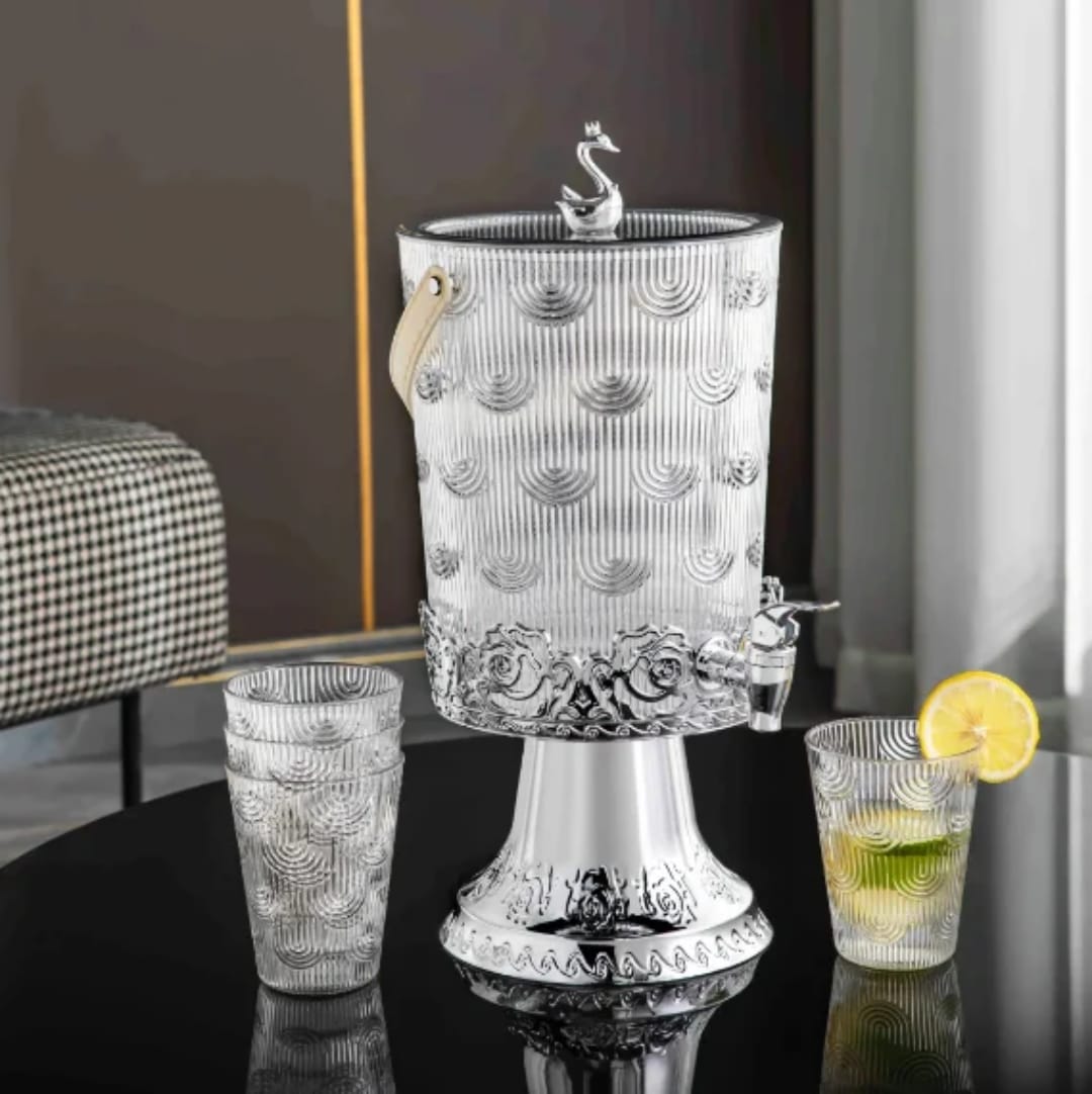 Luxury Embossed Acrylic Beverage Dispenser Set with Silver Pedestal Stand, Spigot & Matching Cups – Shatterproof Juice & Drink Pitcher