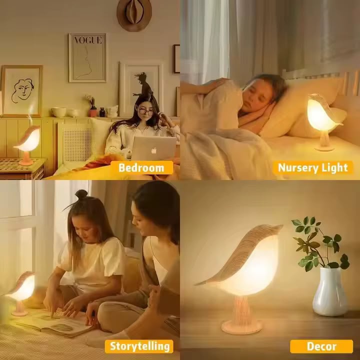 Modern Wood Grain Bird LED Night Light – Stepless Dimmable Touch Control Bedside Lamp