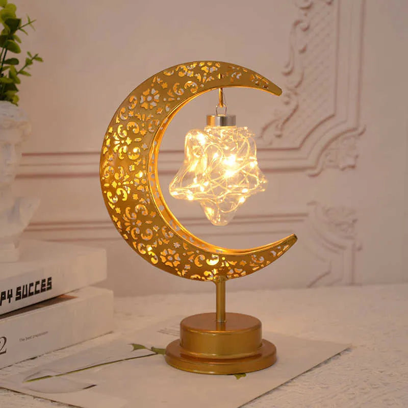 Golden Crescent Moon & Hanging Star LED Table Lamp – Decorative Metallic LED Night Light for Home Decor & Ramadan