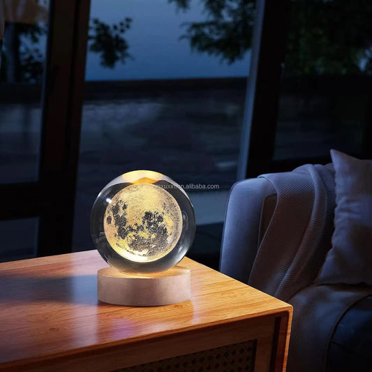 3D Crystal Ball Moon LED Night Light – 6cm Engraved Glass Sphere with Wooden Base