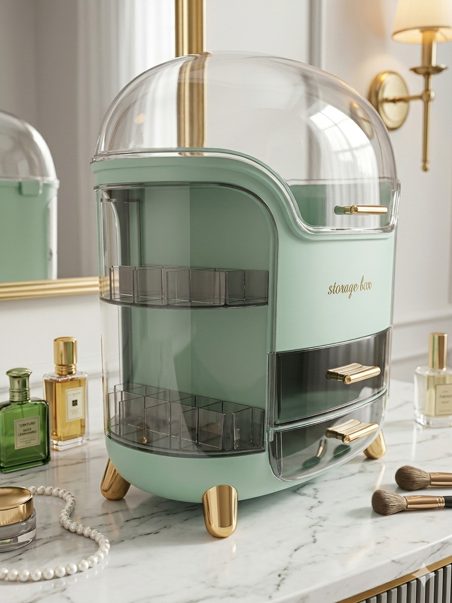 Premium Makeup Organizer | Dustproof Shield | Large Capacity Luxury Cosmetic Storage Box for Vanity & Dressing Table