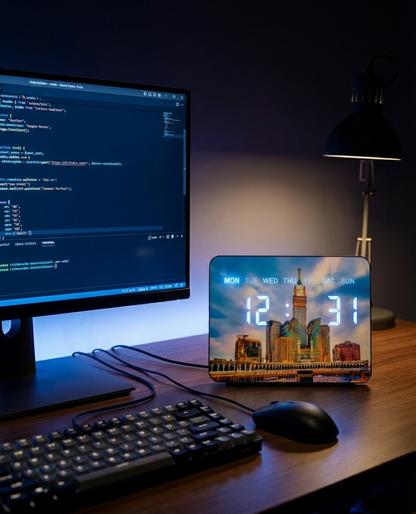 Premium LED Clock with Scenic Printed Display – Modern Digital Desk Clock