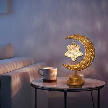 Golden Crescent Moon & Hanging Star LED Table Lamp – Decorative Metallic LED Night Light for Home Decor & Ramadan