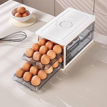 2-Tier Drawer-Type Egg Storage Box with Freshness Dial – Stackable Fridge Egg Holder Container