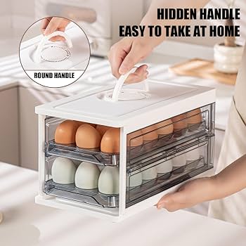 2-Tier Drawer-Type Egg Storage Box with Freshness Dial – Stackable Fridge Egg Holder Container