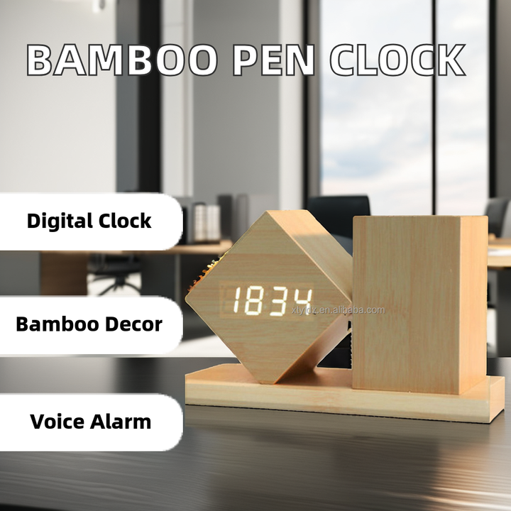 Multifunctional Wooden Pen Holder & Digital LED Alarm Clock Desk Accessories with Machining Services