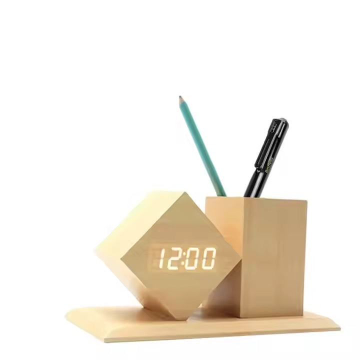 Multifunctional Wooden Pen Holder & Digital LED Alarm Clock Desk Accessories with Machining Services