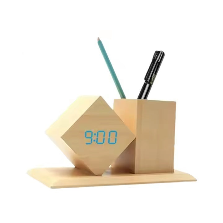 Multifunctional Wooden Pen Holder & Digital LED Alarm Clock Desk Accessories with Machining Services