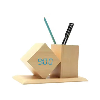 Multifunctional Wooden Pen Holder & Digital LED Alarm Clock Desk Accessories with Machining Services