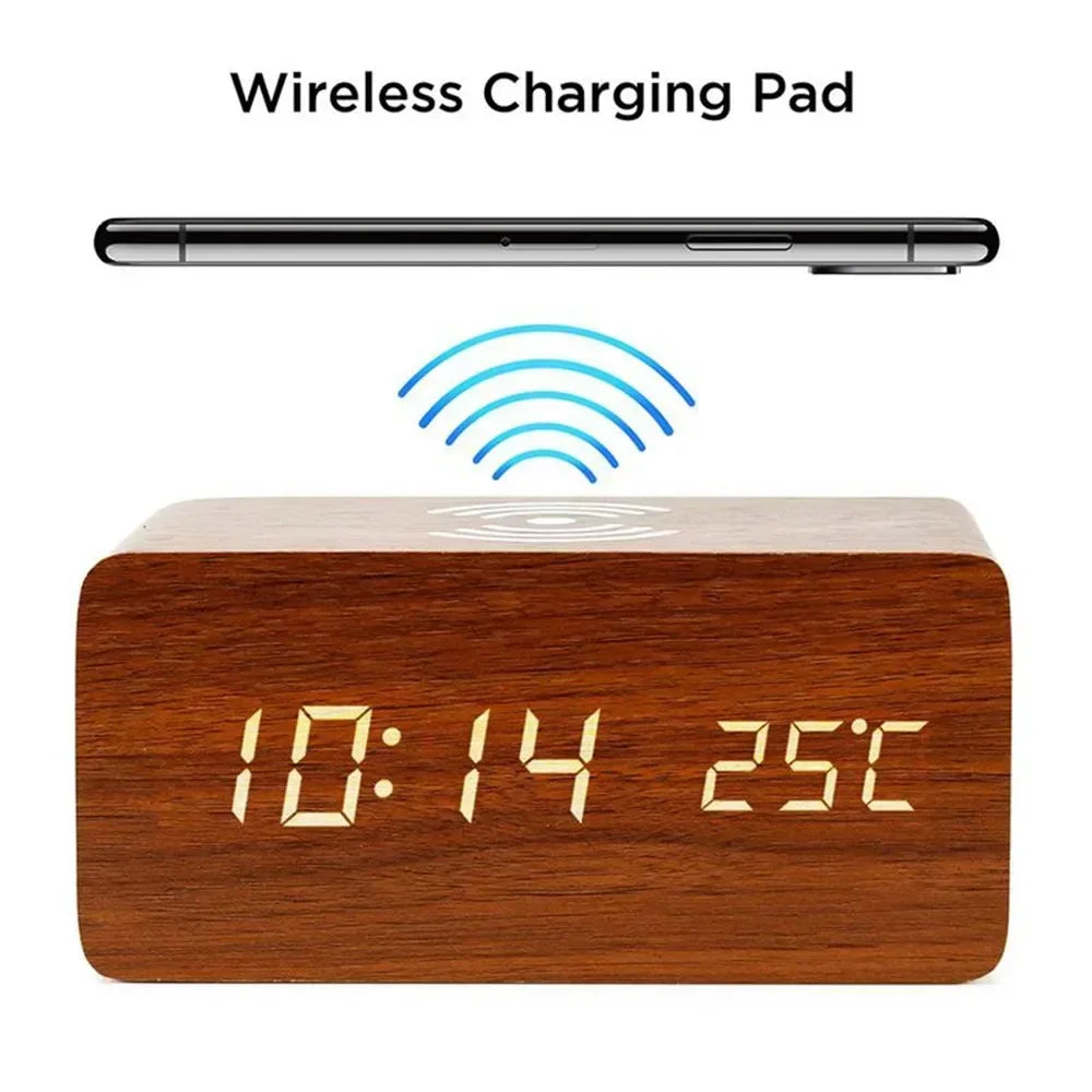 Wooden Digital Alarm Clock with Wireless Charging, LED Clock with Time, Date,Temperature, Desk Clocks for Office,Bedside Clock