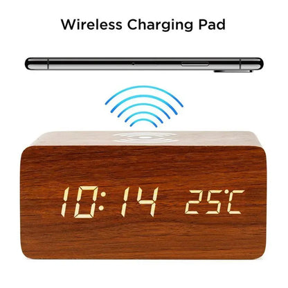 Wooden Digital Alarm Clock with Wireless Charging, LED Clock with Time, Date,Temperature, Desk Clocks for Office,Bedside Clock