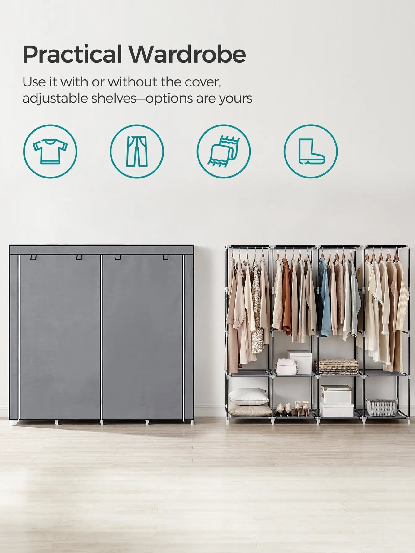 SONGMICS Portable Closet, Wardrobe Closet Organizer with Cover, 4 Hanging Rods and Shelves, 4 Side Pockets