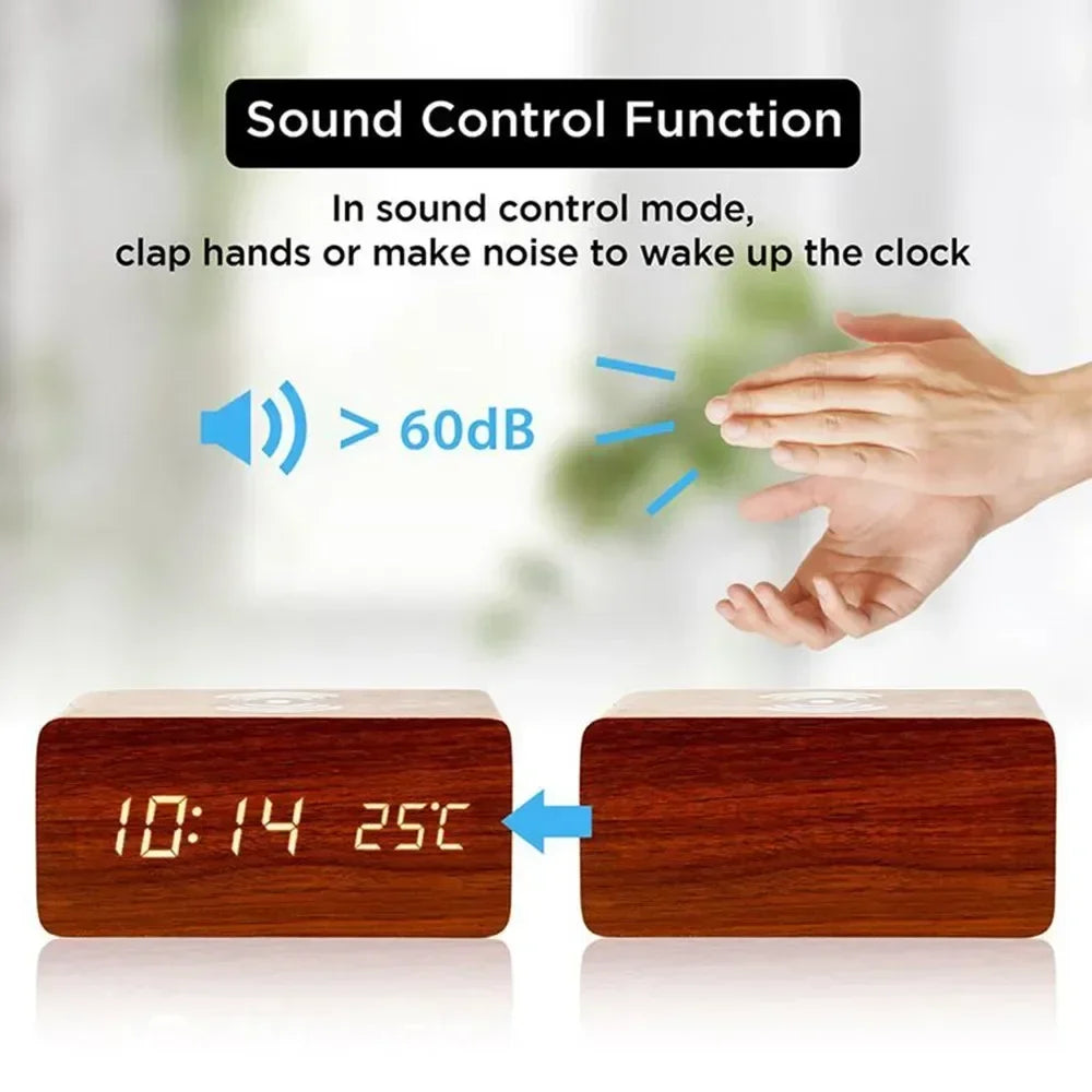 Wooden Digital Alarm Clock with Wireless Charging, LED Clock with Time, Date,Temperature, Desk Clocks for Office,Bedside Clock