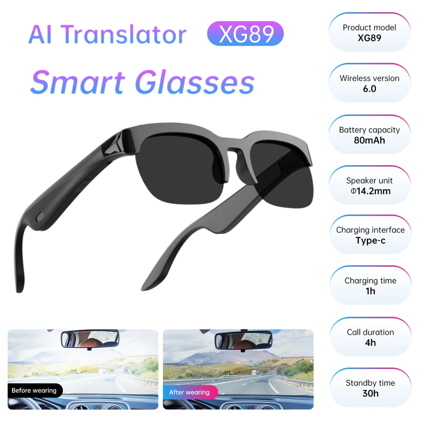 XG89 Smart Glasses AI Intelligent Translation Hands-Free Music & Calls Audio Glasses Anti-UV Bluetooth Glasses for Men and Women