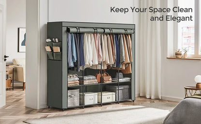 SONGMICS Portable Closet, Wardrobe Closet Organizer with Cover, 4 Hanging Rods and Shelves, 4 Side Pockets