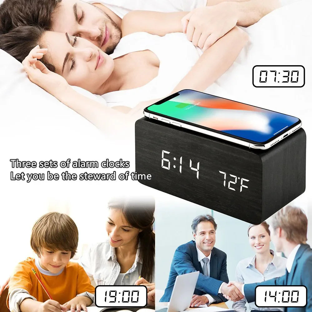 Wooden Digital Alarm Clock with Wireless Charging, LED Clock with Time, Date,Temperature, Desk Clocks for Office,Bedside Clock