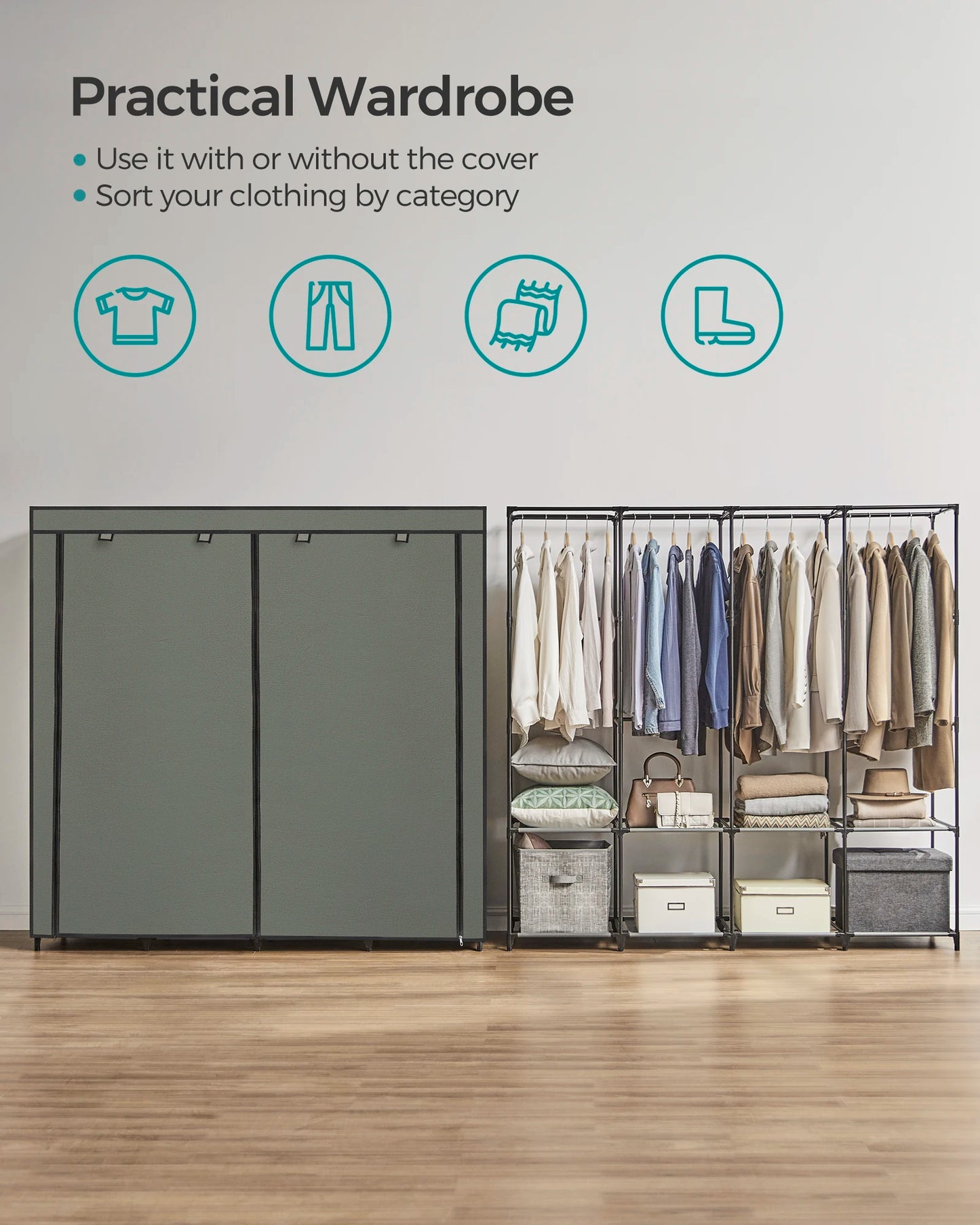 SONGMICS Portable Closet, Wardrobe Closet Organizer with Cover, 4 Hanging Rods and Shelves, 4 Side Pockets