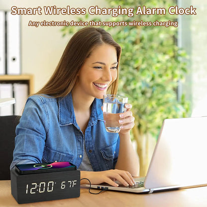 Wooden Digital Alarm Clock with Wireless Charging, LED Clock with Time, Date,Temperature, Desk Clocks for Office,Bedside Clock