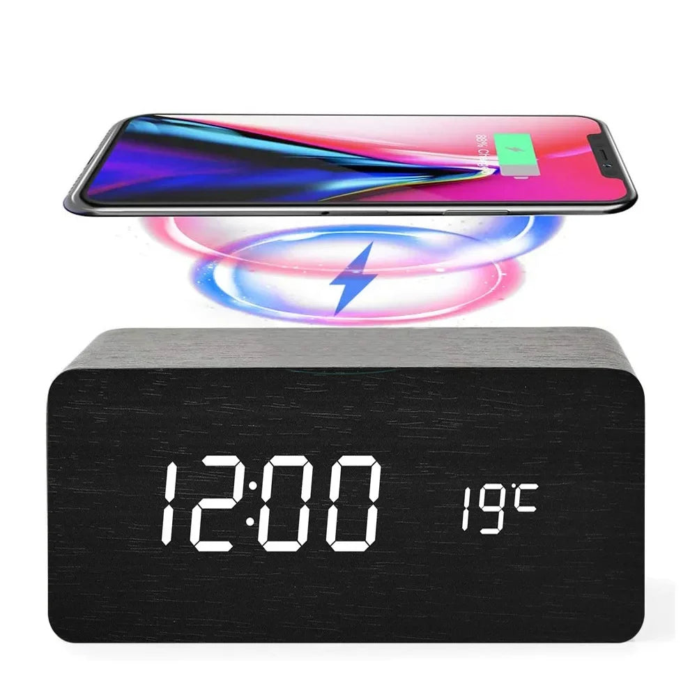 Wooden Digital Alarm Clock with Wireless Charging, LED Clock with Time, Date,Temperature, Desk Clocks for Office,Bedside Clock