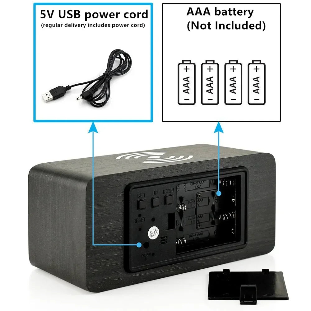 Wooden Digital Alarm Clock with Wireless Charging, LED Clock with Time, Date,Temperature, Desk Clocks for Office,Bedside Clock