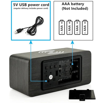 Wooden Digital Alarm Clock with Wireless Charging, LED Clock with Time, Date,Temperature, Desk Clocks for Office,Bedside Clock