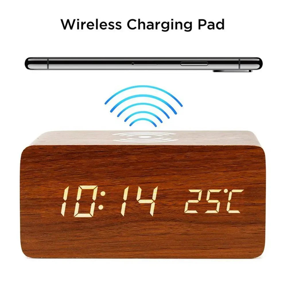 Wooden Digital Alarm Clock with Wireless Charging, LED Clock with Time, Date,Temperature, Desk Clocks for Office,Bedside Clock