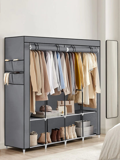 SONGMICS Portable Closet, Wardrobe Closet Organizer with Cover, 4 Hanging Rods and Shelves, 4 Side Pockets