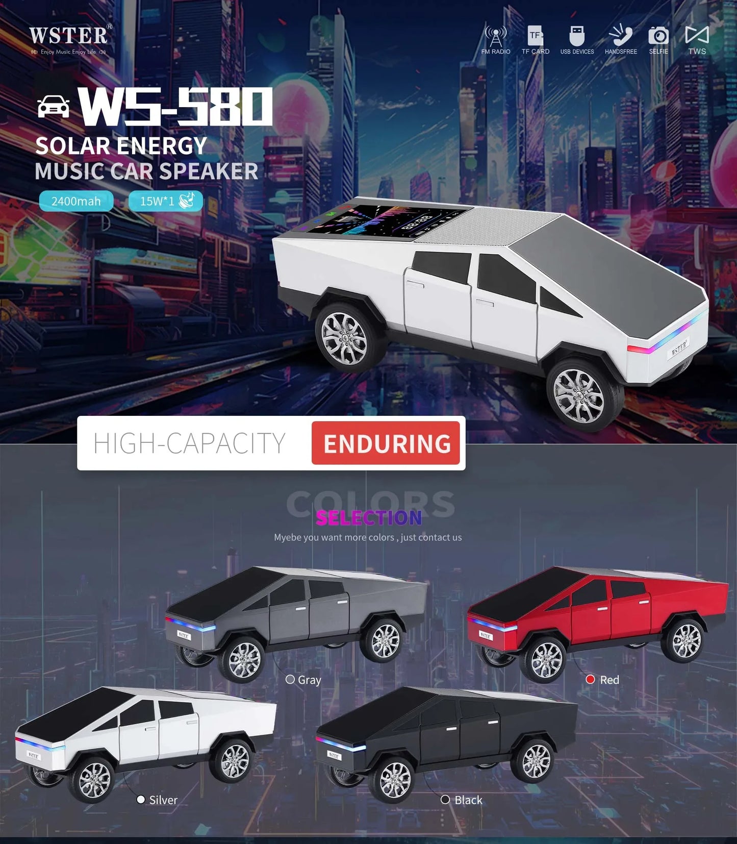WS-580 Wireless Bluetooth Speaker in Car Shaped with Display Screen HIFI Stereo Surround Desktop Computer Boombox TF USB TWS