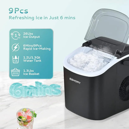 Countertop Ice Maker Machine with Handle, 26lbs in 24Hrs, 9 Ice Cubes Ready in 6 Mins, Auto-Cleaning Portable Ice Maker