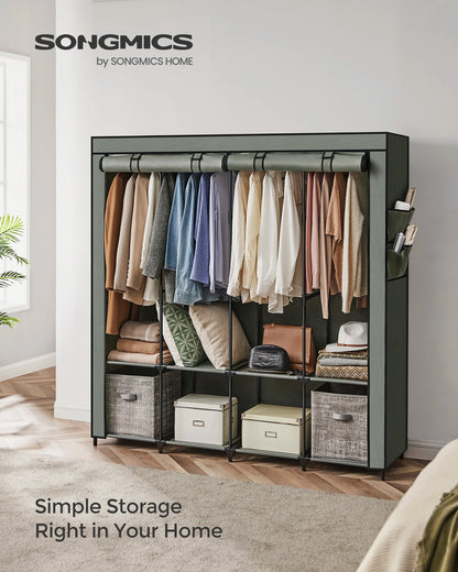 SONGMICS Portable Closet, Wardrobe Closet Organizer with Cover, 4 Hanging Rods and Shelves, 4 Side Pockets
