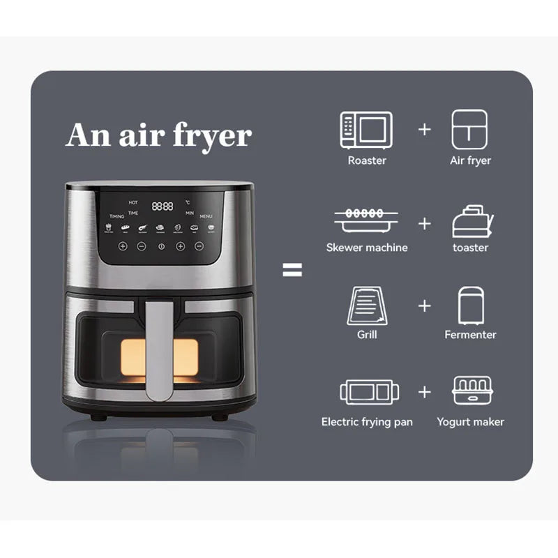 7L Air Fryer Big Capacity Stainless Steel Visible Electric Fryer Household Electric Oven Multi-function
