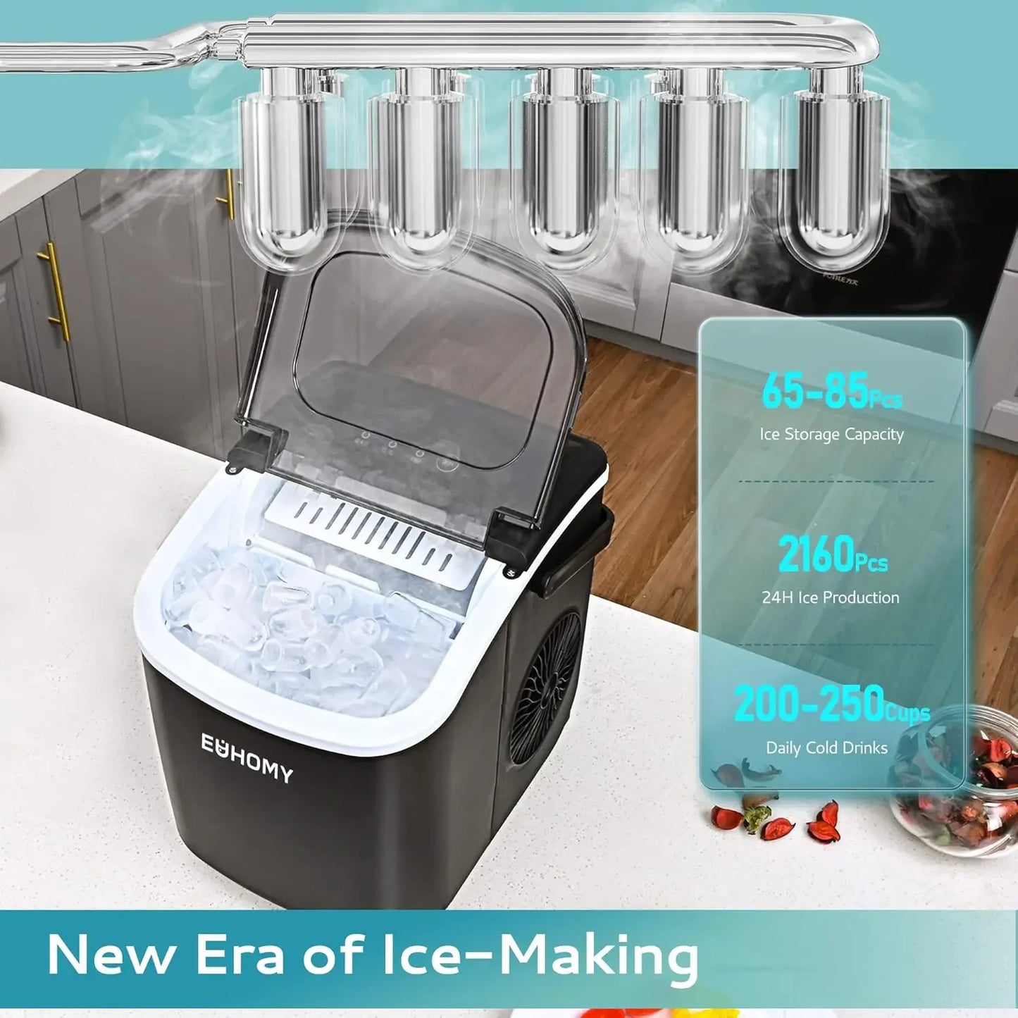 Countertop Ice Maker Machine with Handle, 26lbs in 24Hrs, 9 Ice Cubes Ready in 6 Mins, Auto-Cleaning Portable Ice Maker