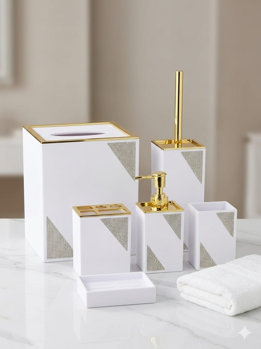 Luxury Bathroom Set – Crystal Elegant Design | Soap Dispenser, Brush Holder, Dustbin
