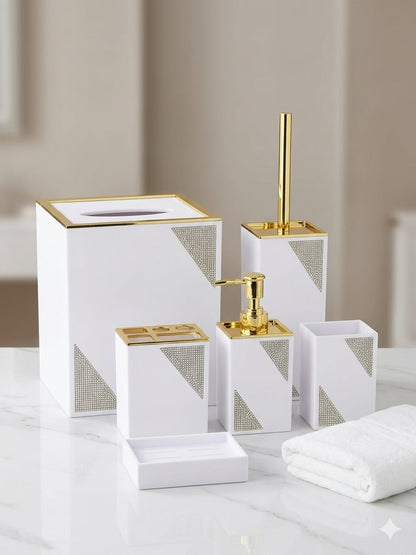 Luxury Bathroom Set – Crystal Elegant Design | Soap Dispenser, Brush Holder, Dustbin