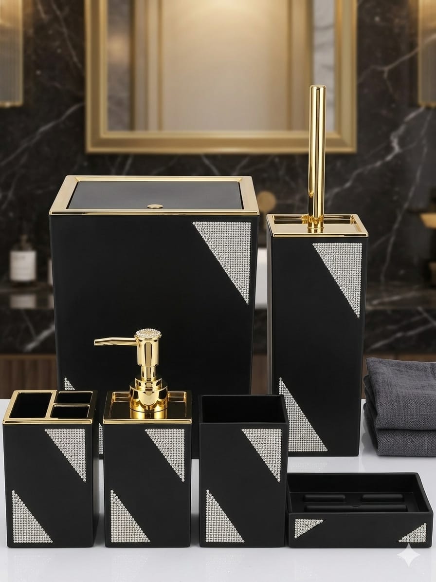 Luxury Bathroom Set – Crystal Elegant Design | Soap Dispenser, Brush Holder, Dustbin