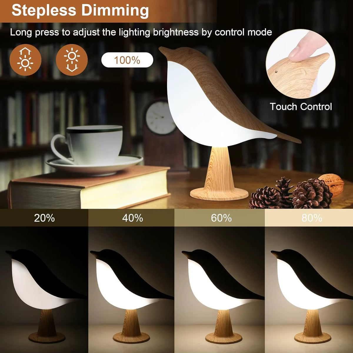 Modern Wood Grain Bird LED Night Light – Stepless Dimmable Touch Control Bedside Lamp