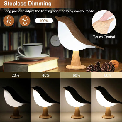 Modern Wood Grain Bird LED Night Light – Stepless Dimmable Touch Control Bedside Lamp