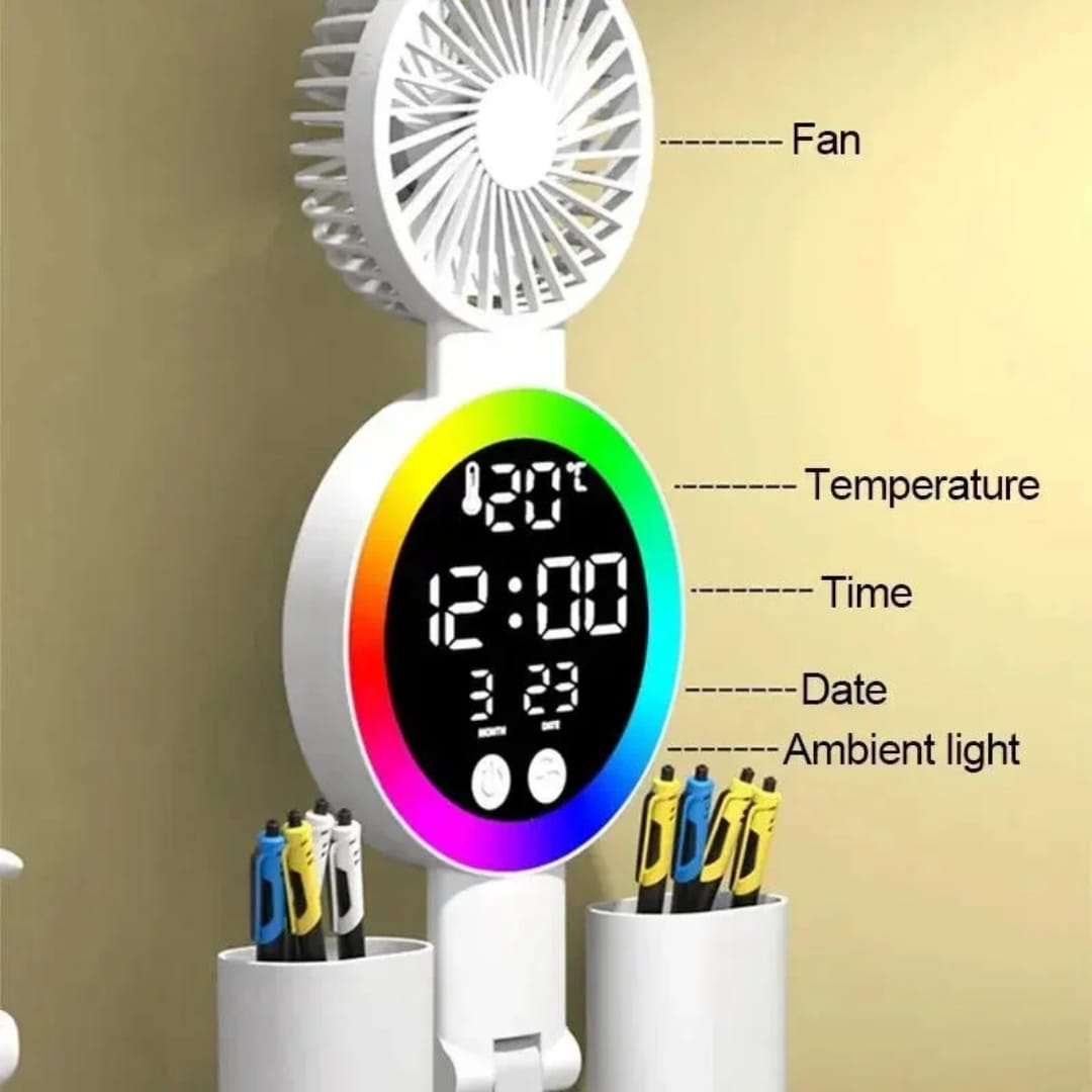 Multifunctional LED Desk Lamp with Personal Fan, Digital Clock & Dual Pen Holder – Rechargeable Study Light