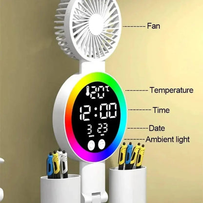 Multifunctional LED Desk Lamp with Personal Fan, Digital Clock & Dual Pen Holder – Rechargeable Study Light