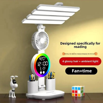 Multifunctional LED Desk Lamp with Personal Fan, Digital Clock & Dual Pen Holder – Rechargeable Study Light