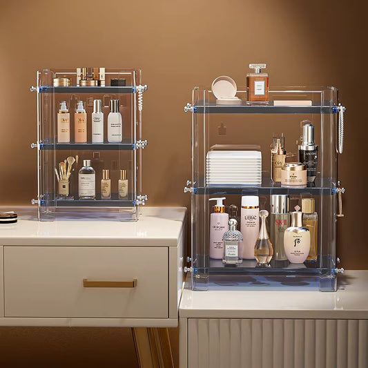 Luxury 3-Tier Acrylic Cosmetic Storage Rack with Side Jewelry Hooks – Open Desktop Skincare & Perfume Shelf Caddy