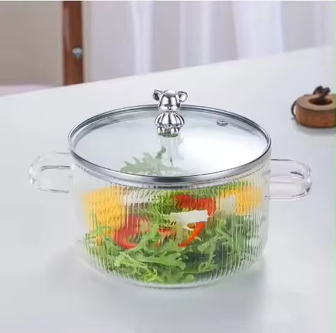 Heat-Resistant Ribbed Borosilicate Glass Soup Pot with Silver Bear Lid Handle – Transparent Cooking Stockpot