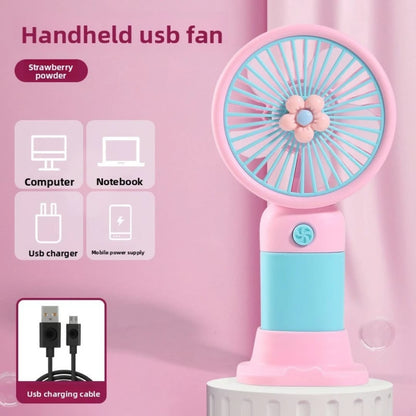 Cute Fruit & Flower Mini Handheld Fan with Base Stand – USB Rechargeable Portable Desktop Personal Cooler